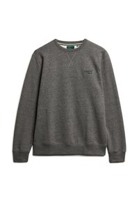 Sudadera de algodón gris con cuello redondo, puños y dobladillo acanalados, que presenta un pequeño logo bordado en el pecho. Textura suave.