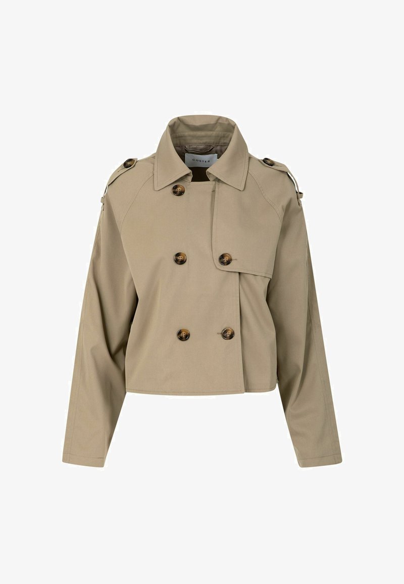 Bézs színű rövidített, dupla soros zakó, széles gallérral, vállpántokkal és barna gombokkal, fehér háttéren.