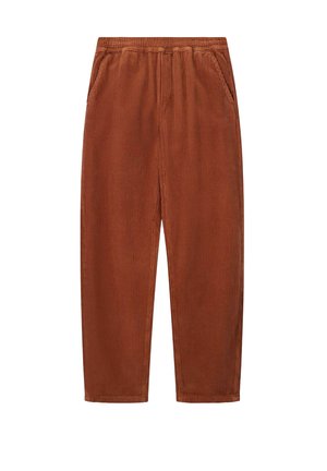 Pantalons en velours côtelé marron avec taille élastique et poches latérales, coupe droite, sur fond blanc.