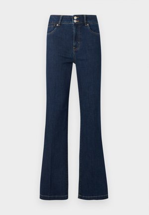 Donkerblauwe spijkerbroek met hoge taille, dubbele knoopsluiting, voorzakken en licht uitlopende pijpen.