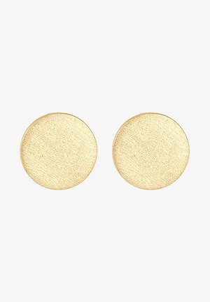 Boucles d'oreilles en or rondes avec une finition texturée, arborant un bord lisse et une surface plane. Design minimaliste, adapté à diverses occasions.