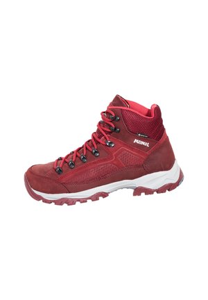 Red hiking boots with a leather and mesh upper, featuring a high ankle design, black eyelets, and a white and red rubber outsole.