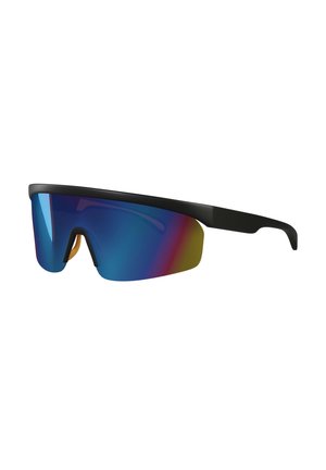 Umfassende Sportsonnenbrille mit schwarzem Rahmen und reflektierenden blau-roten Verlaufsgläsern.