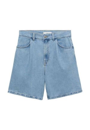 Denim shorts in light blue with a straight cut, featuring a button closure, five pockets, and frayed hem details.