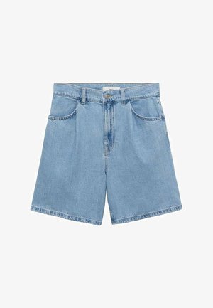 Lichte blauwe denim shorts met een rechte snit, voorzien van een knoopsluiting, vijf zakken en franjes aan de onderkant.