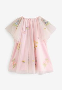 Rosa Kleid mit gestickten Blumen- und Schmetterlingsmotiven, mit einem Tüllüberzug und kurzen, schwingenden Ärmeln, Rückenschluss mit Knöpfen.