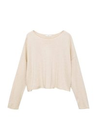Beige zugeschnittenes langärmliges Oberteil aus weichem Stoff, mit einem weiten Bootsausschnitt und subtilen, gesenkten Schultern für eine entspannte Passform.