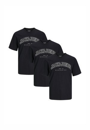 Schwarze Baumwoll-T-Shirts im Dreierpack, mit Rundhalsausschnitt, kurzen Ärmeln und dem Aufdruck "JACK & JONES" auf der Vorderseite.