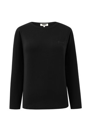 Schwarzes Langarmshirt mit Rundhalsausschnitt, das ein kleines gesticktes Logo auf der linken Brust und ein Etikett im Kragen hat.