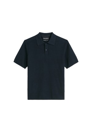 Navy polo shirt with a classic collar, short sleeves, three-button placket, textured fabric, and subtle brand label on the collar.