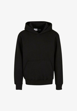 Black hooded sweatshirt made of soft fabric, featuring a front kangaroo pocket, ribbed cuffs, and hem, with a relaxed fit.
