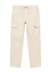 Beiga cargobyxor med dragsko i midjan, som har två sidofickor och två cargofickor på låren. Tillverkade av ett lättviktigt tyg.