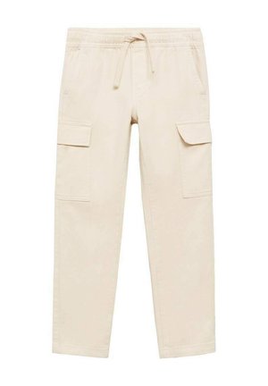 Beige cargo pants with a drawstring waist, featuring two side pockets and two cargo pockets on the thighs. Made of lightweight fabric.