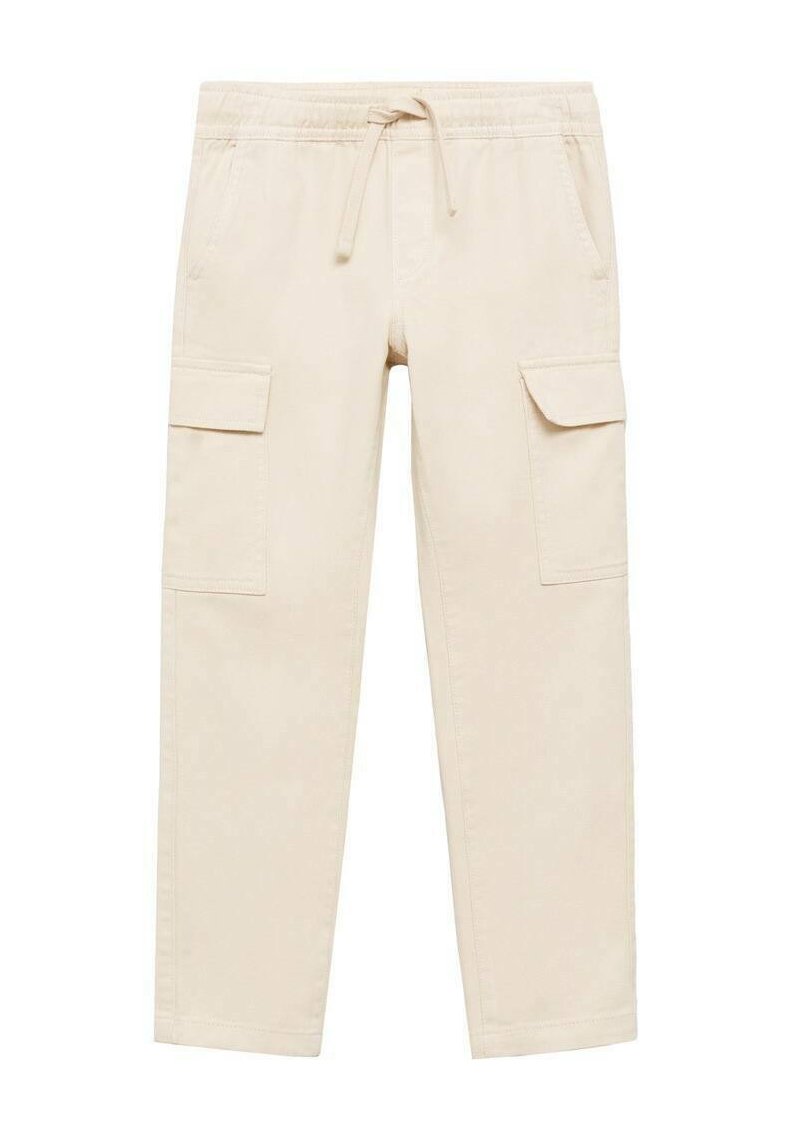 Beiga cargobyxor med dragsko i midjan, som har två sidofickor och två cargofickor på låren. Tillverkade av ett lättviktigt tyg.