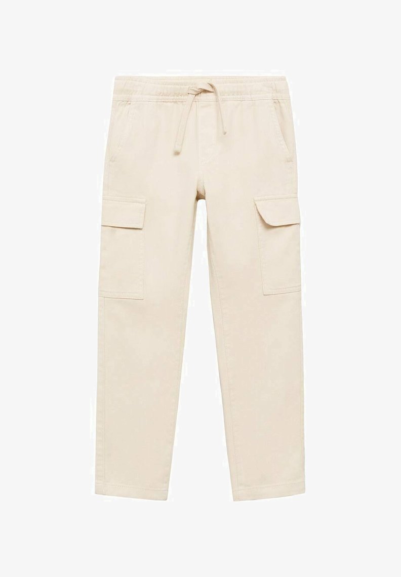 Beiga cargobyxor med dragsko i midjan, som har två sidofickor och två cargofickor på låren. Tillverkade av ett lättviktigt tyg.