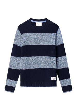 Marineblauer und hellblauer gestreifter, gestrickter Rundhalspullover mit langen Ärmeln und einem kleinen weißen Markenetikett an der unteren Vorderseite.