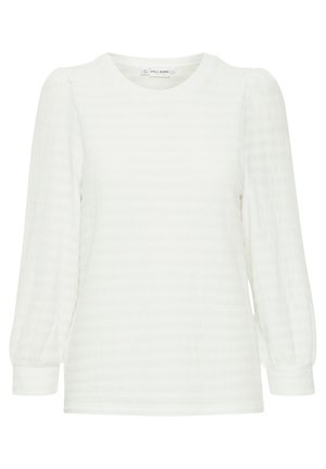 Valge tekstuuriga pikakäistega topp ümmarguse kaelusega, millel on veidi paisutatud õlad ja elastsed mansetid. Peened horisontaalsed triibud.