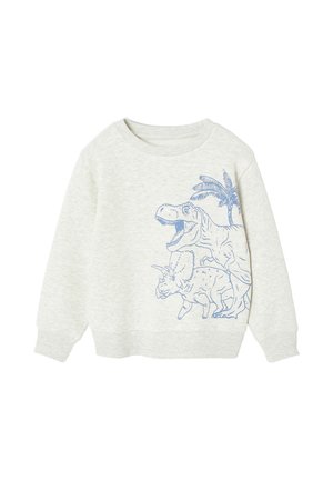 Light gray children's sweatshirt with blue outline illustrations of a Tyrannosaurus rex, Triceratops, and palm tree on the front.