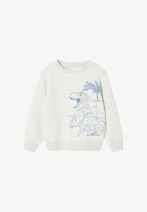 Hellgraues Kinder-Sweatshirt mit blauen Umrisszeichnungen eines Tyrannosaurus rex, eines Triceratops und einer Palme auf der Vorderseite.