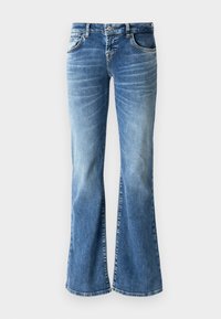 Hellblaue Jeans im Schlagstil mit ausgebleichtem Waschlook, fünf Taschen, gestickten Details und einem Reißverschluss mit Knopfverschluss.