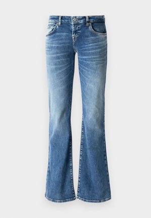 Lys blå denim flared jeans med en falmet vask, fem lommer, broderte detaljer og en glidelås med knappelukking.
