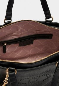 Borsa a mano in pelle nera con zip dorata, due manici e fodera interna beige stampata con il logo "Liu Jo" e tasca interna con zip.