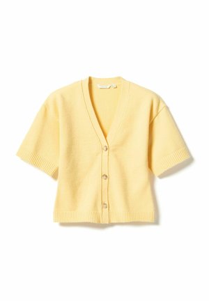 Short-sleeve pale yellow cardigan with V-neck and three buttons, ribbed cuffs and hem, laid flat on white background.