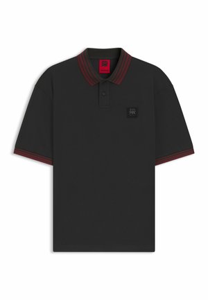 Black polo shirt with a maroon striped collar, featuring a three-button front placket and a small branded patch on the chest.