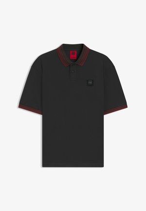 Black polo shirt with a maroon striped collar, featuring a three-button front placket and a small branded patch on the chest.