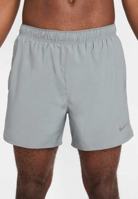 Grå träningsshorts med elastisk midja, tillverkade av lätt material, med sidofickor och en liten Nike-logotyp på framsidan.
