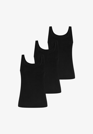 Kolme mustaa hihattomaa paitaa, jotka on valmistettu sileästä kankaasta. Paidat ovat leveillä olkaimilla, pyöreällä pääntiellä ja vartalon myötäisellä mitoituksella. Niissä ei ole kuvioita tai koristeluja.