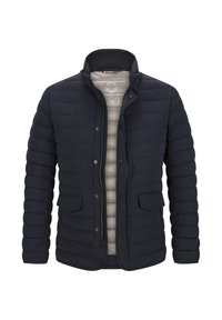 Marineblaue gesteppte Jacke mit Stehkragen, Frontreißverschluss und Druckknöpfen, Pattentaschen sowie sichtbarem hellgrauem gepolstertem Innenfutter.