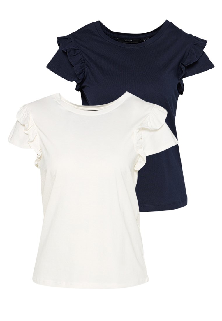 Zwei T-Shirts: eines in Weiß, eines in Marineblau. Beide haben kurze, Rüscheärmel und einen runden Halsausschnitt. Hergestellt aus weichem, atmungsaktivem Stoff.