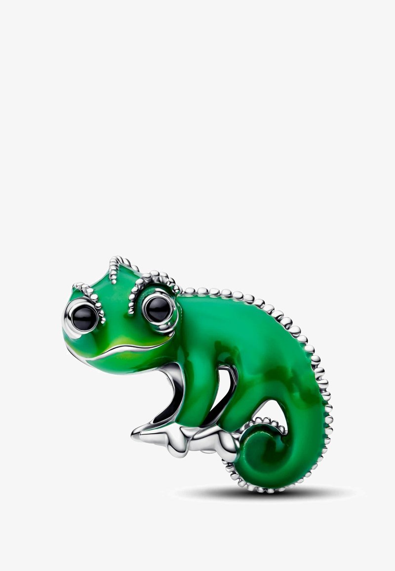 Figurina di camaleonte verde con finitura smaltata lucida, dettagli argentati, grandi occhi neri e texture dettagliata sulla schiena e sulla coda.