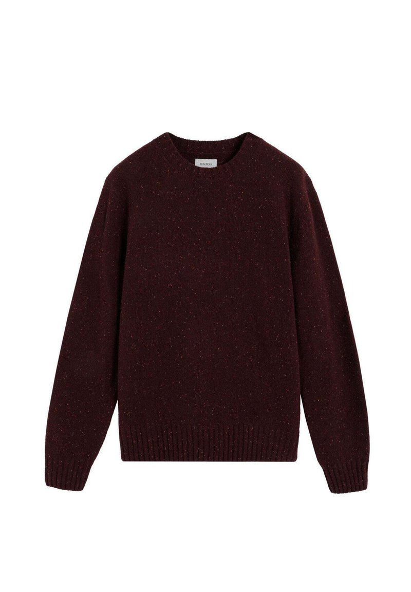 Dunkelburgunderfarbener Wollpullover mit langen Ärmeln, Rundhalsausschnitt und gerippten Bündchen und Saum, flach auf einem weißen Hintergrund ausgelegt.