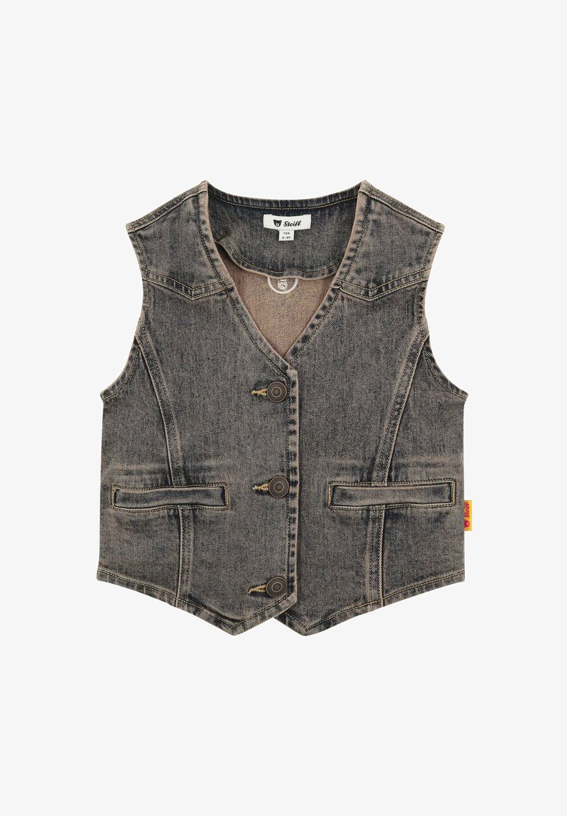 Veste en denim gris foncé, dotée d'un col en V, de deux poches avant et de trois boutons ronds. Les bords bruts et les détails de couture ajoutent de la texture.