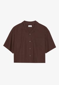 Brown short-sleeve button-up shirt with a collared neckline, single chest pocket, and visible stitching details. Made from lightweight fabric.
