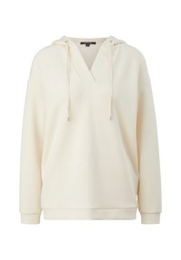 Sweat à capuche crème à manches longues avec col en V, cordons, poignets côtelés et ourlet côtelé, présenté sur fond blanc.