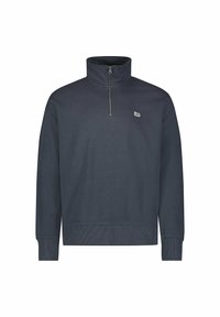 Felpa blu scuro con colletto alto a zip, polsini e orlo a costine; presenta un piccolo logo bianco Lee sul petto. Realizzata in materiale morbido.