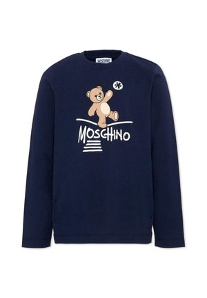 Granatowa bluza z długim rękawem z grafiką uśmiechniętego misia pluszowego nad słowem "Moschino" białymi literami z przodu.