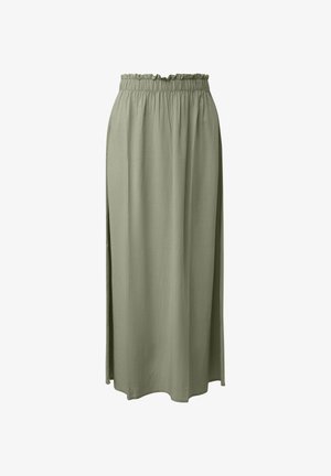 Lange olijfgroene rok met elastische tailleband en zijsplitten, gemaakt van lichtgewicht stof.