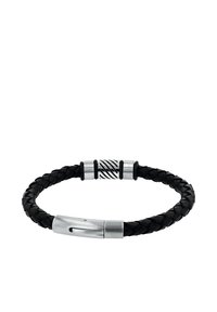 Pulsera de cuero trenzado negro con cierre magnético de plata y cuenta decorativa de plata con diseño cortado en diagonal.
