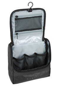 Black travel toiletry bag with a hanging hook, zippered mesh pockets, and three mesh compartments; sleek fabric with a smooth interior lining.
