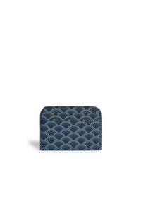Portafoglio blu navy con motivo a onde testurizzato e cucitura a contrasto. Forma rettangolare compatta con angoli arrotondati. Chiusura con zip nella parte superiore.