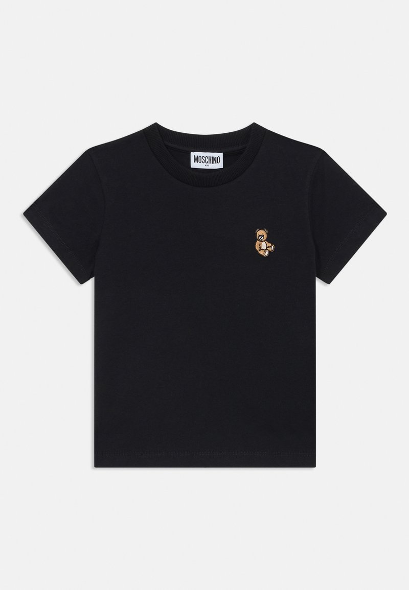 Camiseta de algodón negra de manga corta y escote redondo, con un pequeño diseño de oso bordado en el pecho.