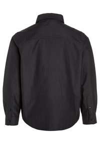 Camicetta nera a maniche lunghe con colletto, realizzata in un tessuto liscio, caratterizzata da polsini con bottoni e un orlo curvo sul retro.