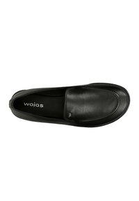 Black leather men's loafer with rounded toe, stitched detailing, and "wojas" logo on insole, viewed from above on white background.