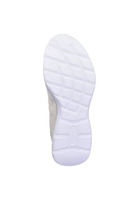 Semelle de basket blanche avec une adhérence en caoutchouc texturé, présentant un motif hexagonal et un logo. Le talon affiche une embossement de taille 37.