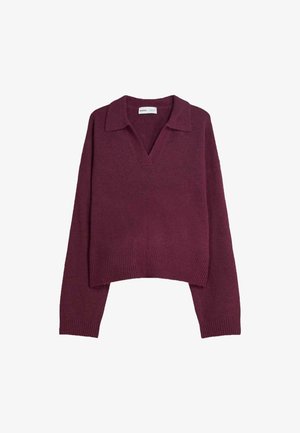 Pull en tricot bordeaux avec manches longues, poignets et ourlet côtelés, col en V avec un col doux, et coupe décontractée.