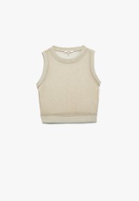 Beige strikket crop top med rund halsudskæring og ærmeløst design. Blød tekstur med ribbet kant forneden og rundt om halsen.